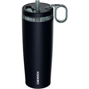 KISSKIND Iced Coffee Tumbler with Hidden Straw, 20 oz Reusable Iced Coffee Cup, Ceramic Lined Travel Mug Fits in Bags and Car Cupholders, 100% Leakproof Cold Brew Cup, No Spill, Midnight Espresso