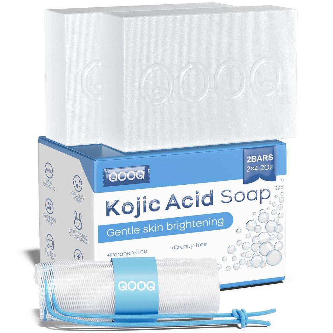 2 x QOOQ Transparent Kojic Acid Soap - Gentle Dark Spots Brightening for Face and Body with Vitamin C, Retinol, Collagen, Original Japanese Complex - Vitamin E, Shea Butter, Castile Olive Oil(120g*2)