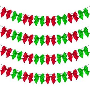 2 x 4 Pcs Red Green Christmas Bow Garland Banner 20ft Pre-Strung Bow Ornaments for Christmas Tree, Wreath, Staircase, Fireplace, Door Wall Hanging Decoration for Xmas Holiday Home Baby Shower Supplies