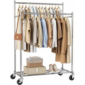 HYSEYY Clothes Rack,Double Rods Rolling Clothing Rack for Hanging Clothes load 400LBS,Portable Garment Coat Rack with Wheels Wardrobe Closet for Bedroom Laundry Room,Retail Store,Silver