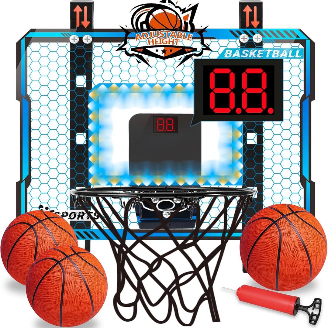 Adjustable Height Basketball Hoop Indoor with LED Lights, Basketball Toys Gifts for 5 6 7 8 9 10+ Year Old Boys Kids, Indoor Over The Door Mini Basketball Hoops with Electronic Scoreboard & 3 Balls