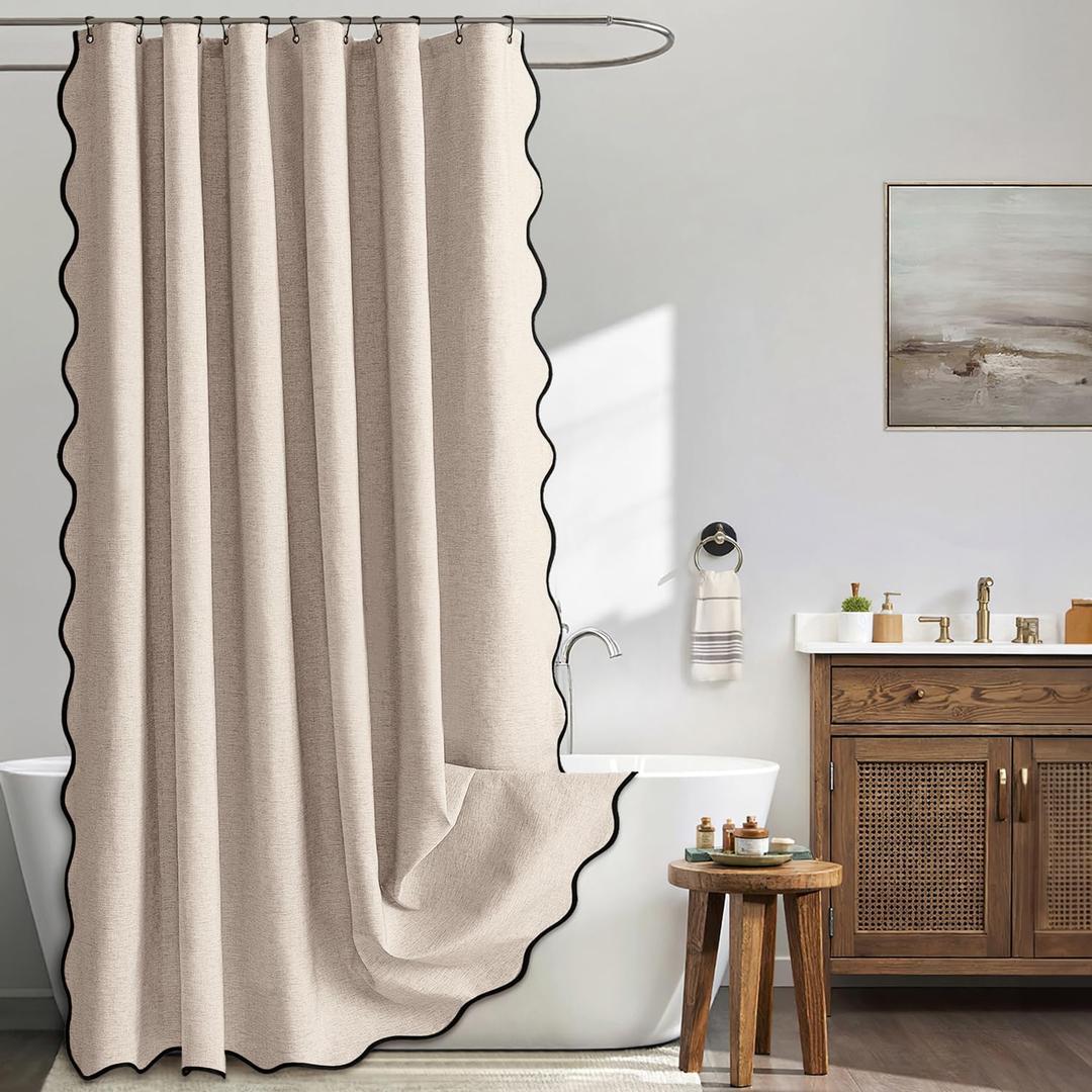 MIULEE Beige 84" Long Scalloped Shower Curtain Linen Textured with 12 Metal Hooks Cute Extra Long Heavy Duty Washable Waterproof Cloth Shower Curtains with Black Border for Bathroom Hotel Bathtub