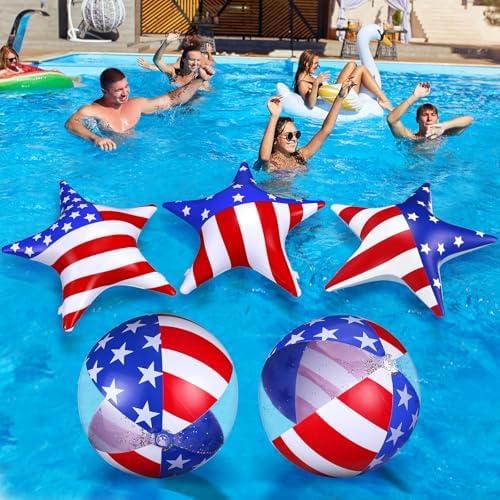 JellyArch 5 Pcs Inflatable 4th of July Pool Float USA America Flag Beach Balls Large 20'' Red White and Blue Star Inflatable Balls Independence Day Patriotic Decoration for Summer Swimming Pool