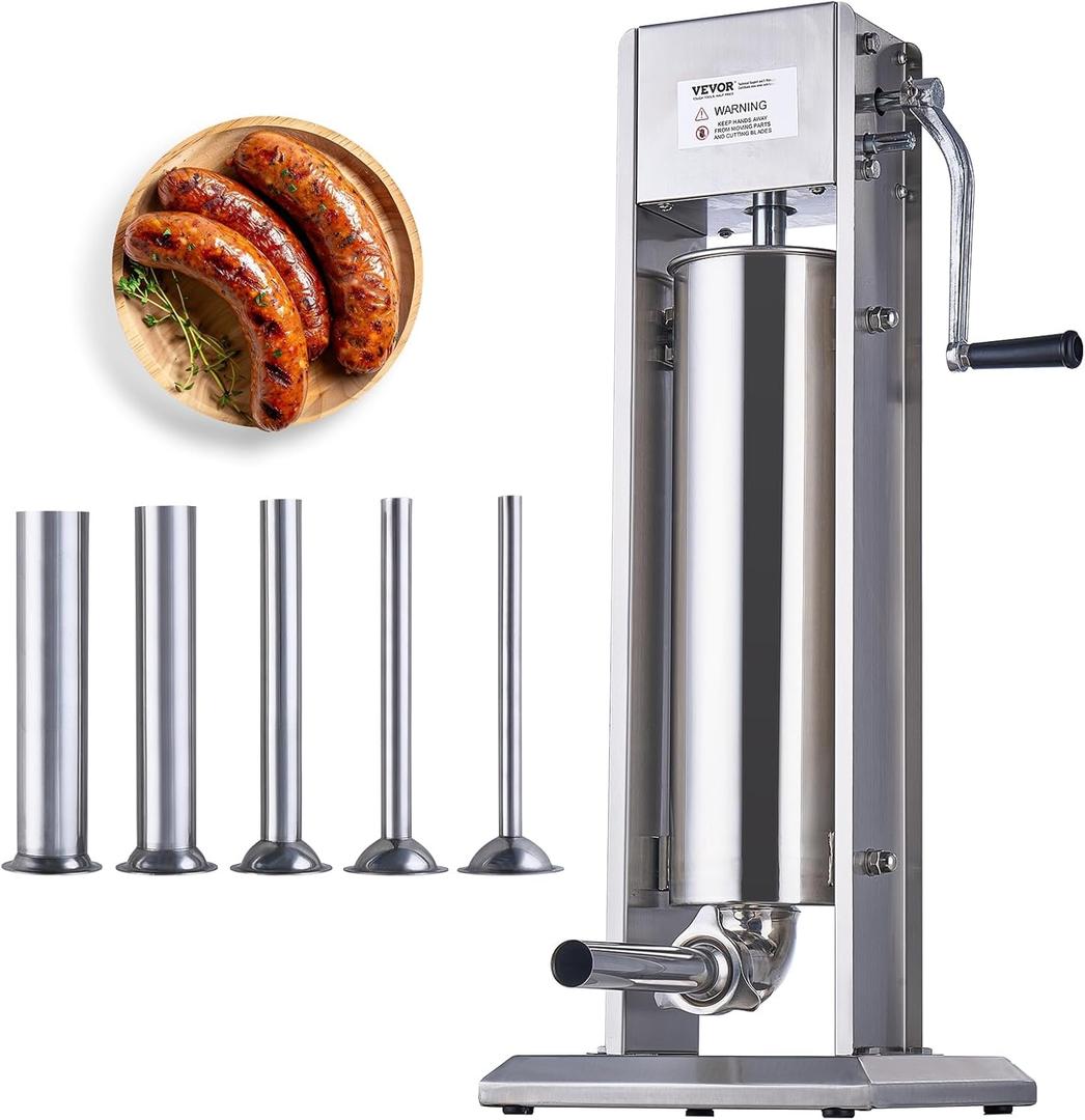 VEVOR Manual Sausage Stuffer, 7 L / 15 LBS Vertical Sausage Machine, Dual-Speed Meat Stuffer, Made of Food-Grade 304 Stainless Steel, Includes 5 Stuffing Tubes, for Home Kitchen Restaurant Commercial