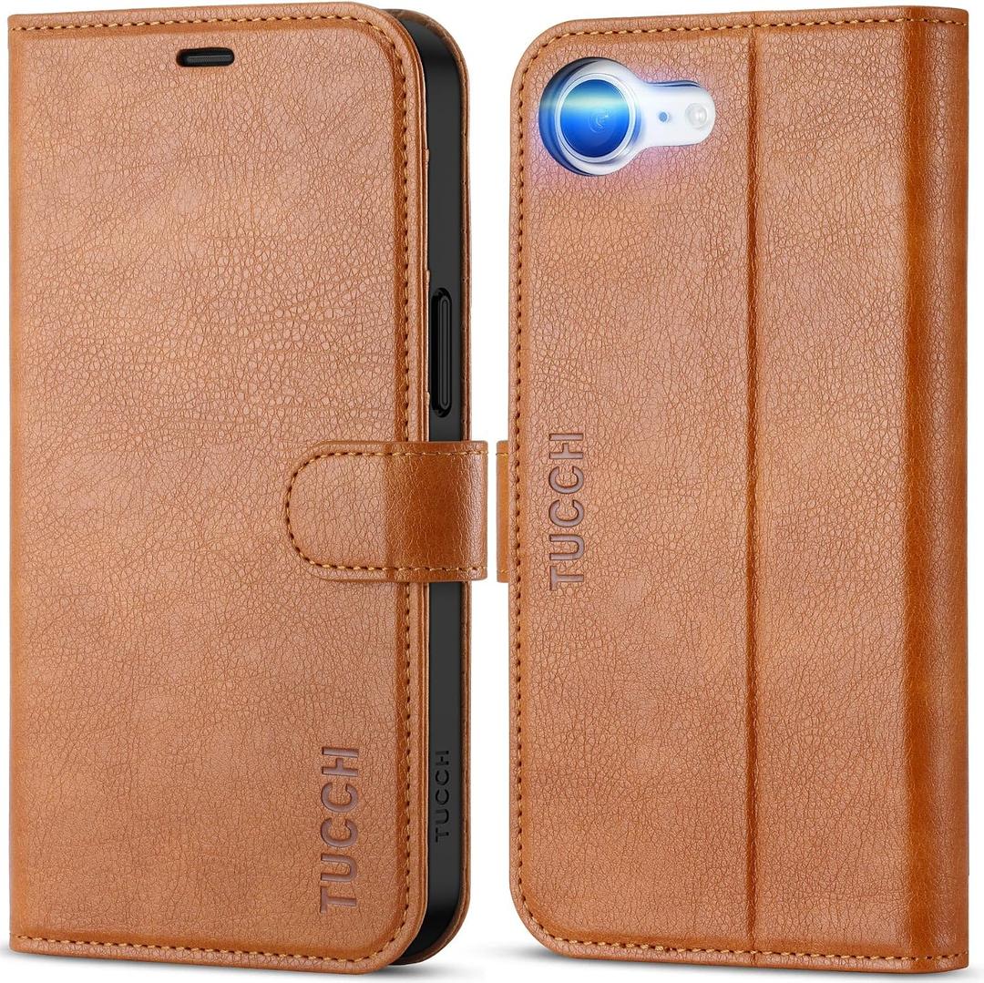 TUCCH Wallet Case for iPhone 17e, Case for iPhone 16e, Kickstand PU Leather [RFID Blocking] 4 Card Slot Magnetic Stand Protective Cover TPU Shockproof Shell Compatible with iPhone 17e/16e, Light Brown