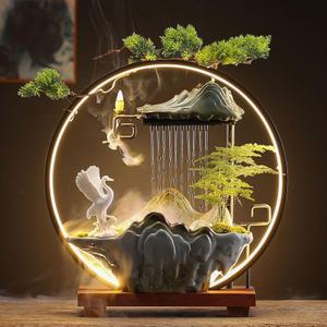 Tabletop Water Fountains Indoor Waterfall Fountain with Mist LED Light Feng Shui Wealth Desk Fountain with Backflow Incense Holder Zen Decor for Meditation (Crane)