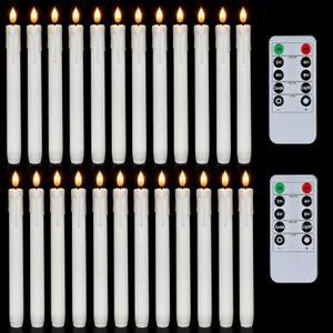 Homemory 24 Pcs Plastic Flameless Taper Candles with Remote Timer Dimmer, White Taper Candles Battery Operated with Flickering Flame Light Lifelike Led Candlesticks for Indoor Decoration 9.6 Inches