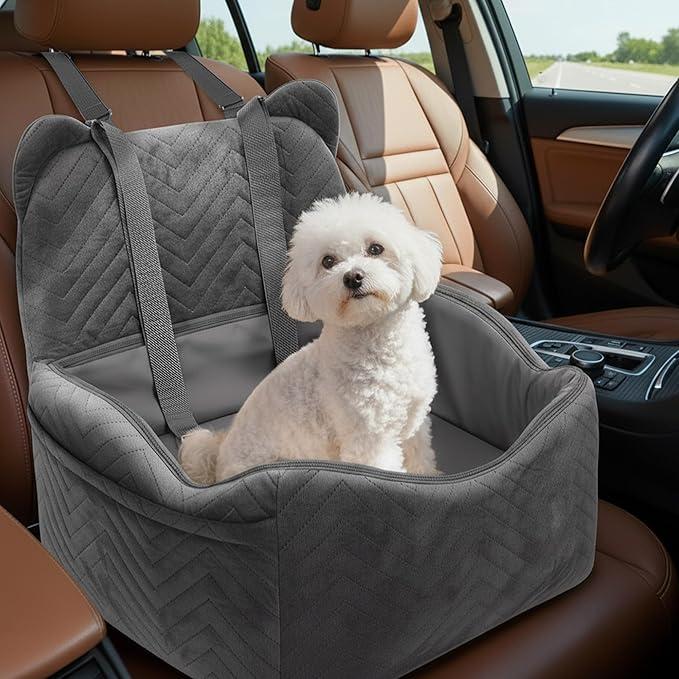 Anywish Dog Car Seat for Small/Medium Dogs Up to 30 lbs, Memory Foam Dog Booster Car Seats with Waterproof PU Cover, Pet Seat with Storage Pockets & 2 Safety Belt for Travel(Grey)