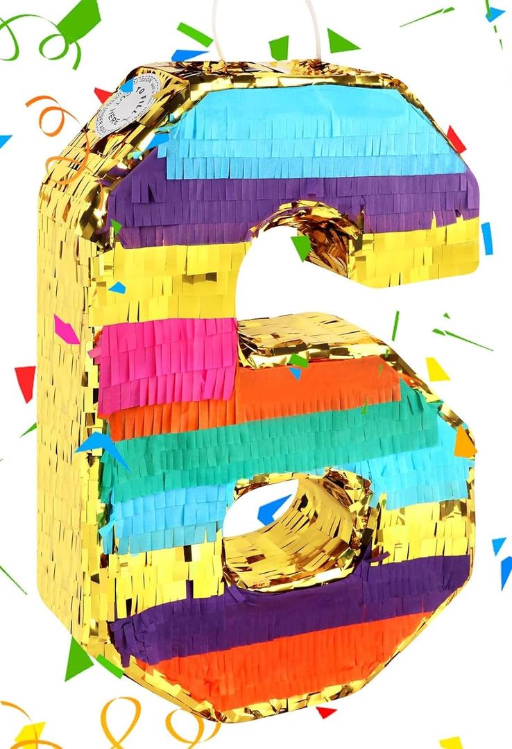 Rainbow Number 6 Pinata Rainbow Pinata with Bat Stick Blindfold for Kids 6th Birthday Party Supplies Fiesta Centerpieces Anniversary Celebrations (16.1 x 10.6 x 3.2 Inches)