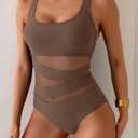 B2prity Women's Mesh One Piece Swimsuit Tummy Control Sexy Bathing Suit Push Up Swim Suit Slimming Swimwear (Brown, M)