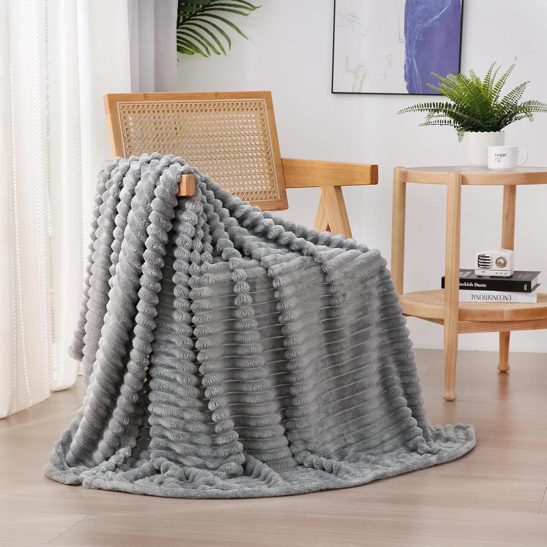Grey Fleece Throw Blanket 5060 for Couch Sofa Bed,Super Soft Cozy Plush Microfiber Flannel Blanket with Stripes Design Lightweight for Adults,Woman,Girls