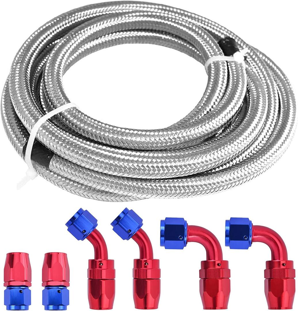 12FT Fuel Line 6AN Braided Oil Stainless Steel Fuel Hose W/ 6 Pcs AN6 Hose Compatible for Kit (Silver + 6pcs)