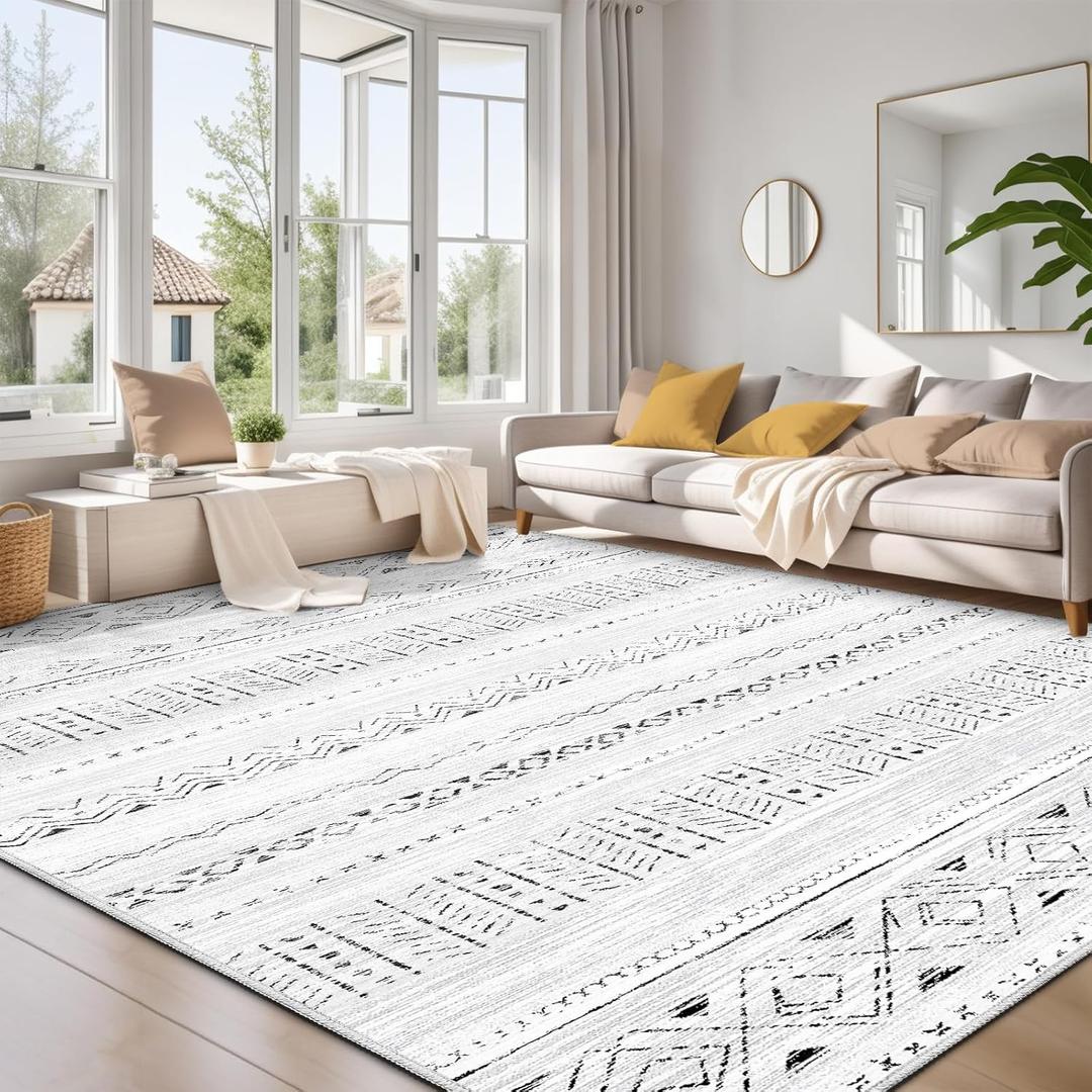 Large Living Room Area Rug 8x10: Soft Machine Washable Boho Moroccan Farmhouse Rugs for Bedroom Under Dining Table - Non Slip Neutral Morden Indoor Floor Rug Carpet for Home Office Decor - Grey
