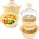 48oz Platinum Silicone 3 Compartmented Microwave Steamer Pot with Handle & Lid - Korean 100% Food-Grade Steamer Bowl, Heat-Resistant Cooker with Steam Holes, Easy Clean, Dishwasher Safe, Yellow