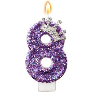 Birthday Number Candles,Purple Crown Birthday Candles for Cake,Glitter Number 8 Candle Cake Topper with Sequins for Anniversary Celebrations Supplies (Number 8)