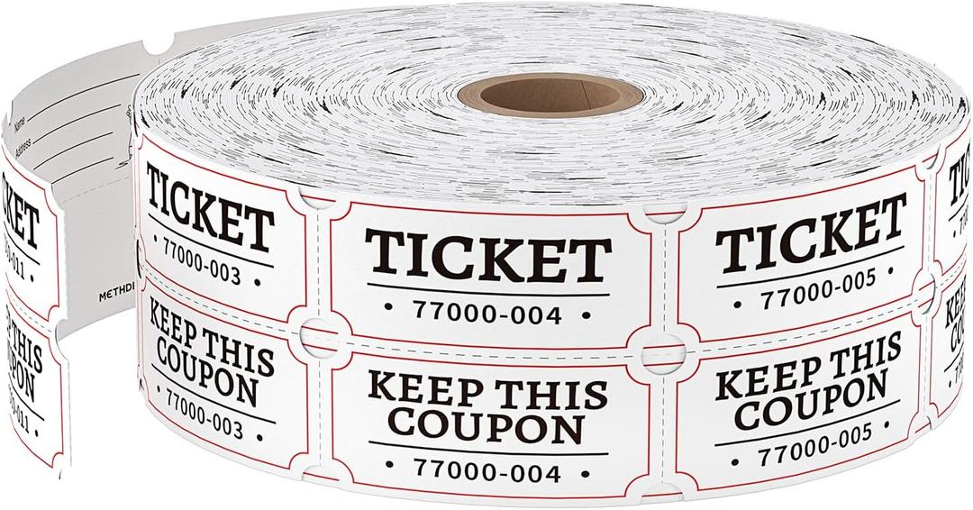 Methdic 2000 White Double Raffle Tickets Roll, Ticket for Events, Entry, Class Reward, Fundraiser & Prizes