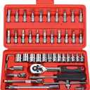 46PCS Socket Ratchet Wrench Set, 1/4 Inch Drive Small Tool Set with Screwdriver Bit Sockets Extension Bar and Storage Case, Metric Socket Set for Car Repair and Home Use