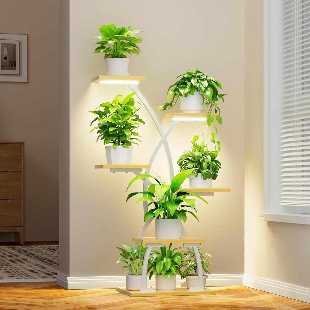 Plant Stand Indoor with Grow Lights - 6 Tiered Plant Shelf Indoor, 36" Corner Plant Stands for Indoor Plants Multiple, Metal Curved Flower Holder Display Rack for Patio, Balcony, Home Decor, White