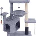 Cat Tree with Cat Condo and Hammock for Indoor Cats, Cat Tree with Self-Grooming Brush and Toy Balls, Cat Tower with Scratching Posts, Grey