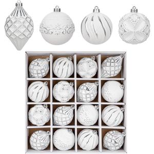 16PCS Shatterproof Christmas Ball Ornaments Set, Hand-Painted Holiday Decor with Assorted Sizes & Designs for Christmas Tree Thanksgiving Party Decoration, Silver-White