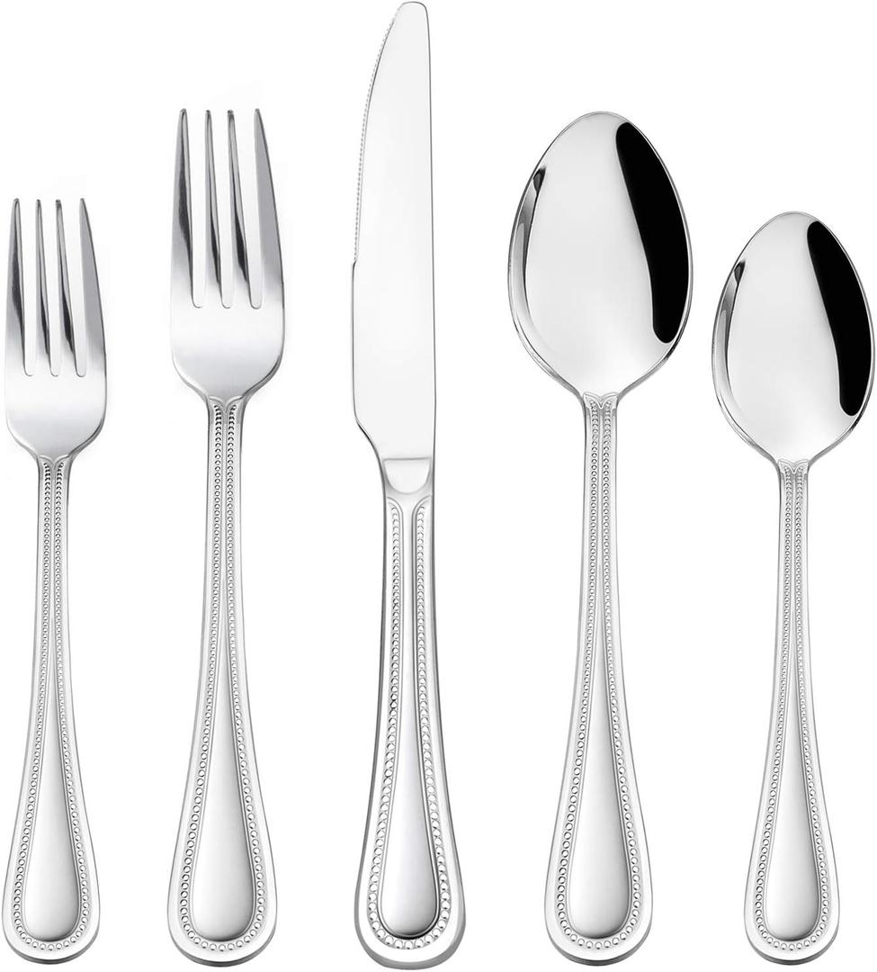 HaWare Silverware Set, 60-Piece Pearled Edge Stainless Steel Flatware for 12, Beading Tableware Cutlery Utensil for Home, Mirror Polished, Dishwasher Safe
