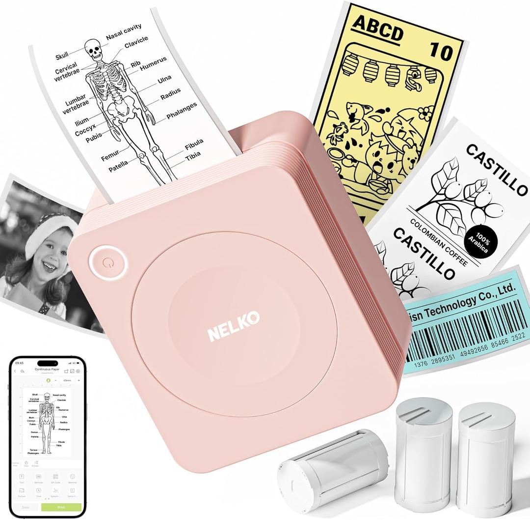 Nelko Sticker Printer, PM230 Print Pod Mini Bluetooth Portabel Sticker Maker with 3 Rolls Paper, Print Pods with Multiple Templates for Phone & Tablet, Smart AI APP Family, Pink
