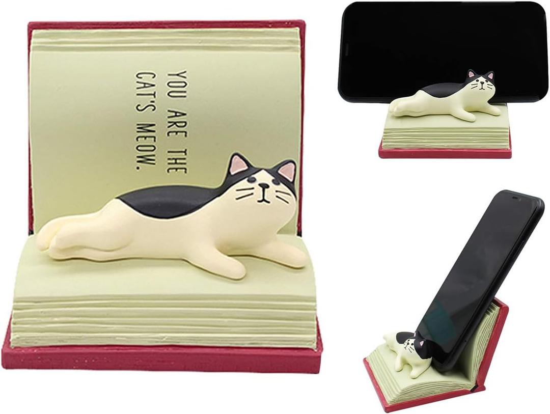 BOLLEY JOSS Desk Cell Phone Holder Stand Cute Relaxed Cat on Book for Office Free You Hands Home Ornament