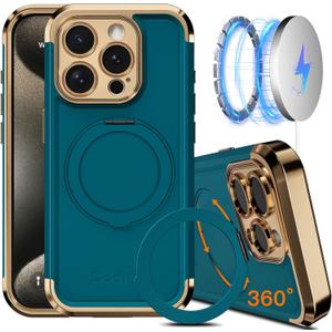 COOLQO for iPhone 14 Pro Max Case 6.7'' Upgraded 360 Spin Magnetic Stand [Compatible with Magsafe][Military Protection] Shockproof Protective Phone Holder Cover for iPhone 14 Pro Max, Green Gold