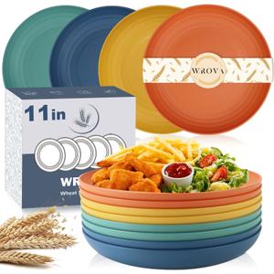 Large Wheat Straw Dinner Plates - 11 Inch Unbreakable Big Set of 8 - Dishwasher & Microwave Safe Plastic Plates - Deep Edge for Kitchen & Camping (Colorful) (11 Inch large, Colorful Series: Orange,Yellow,Blue,Green)