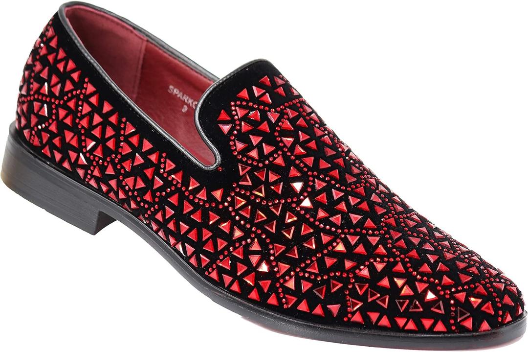 SPK27 Men's Rhinestone Sparkling Suede Dress Shoes Loafer Classic Designer Moccasins (12, Red)