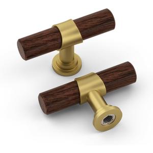 homdiy 10 Pack Wood Cabinet knobs Gold Cabinet knobs Walnut Wood Grain Metal Drawer Pulls for Dresser Cupboard