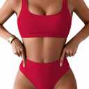 Pink Queen Women's Crop Top High Waisted Cheeky Bikini Set Two Piece Swimsuits (Large, Red)