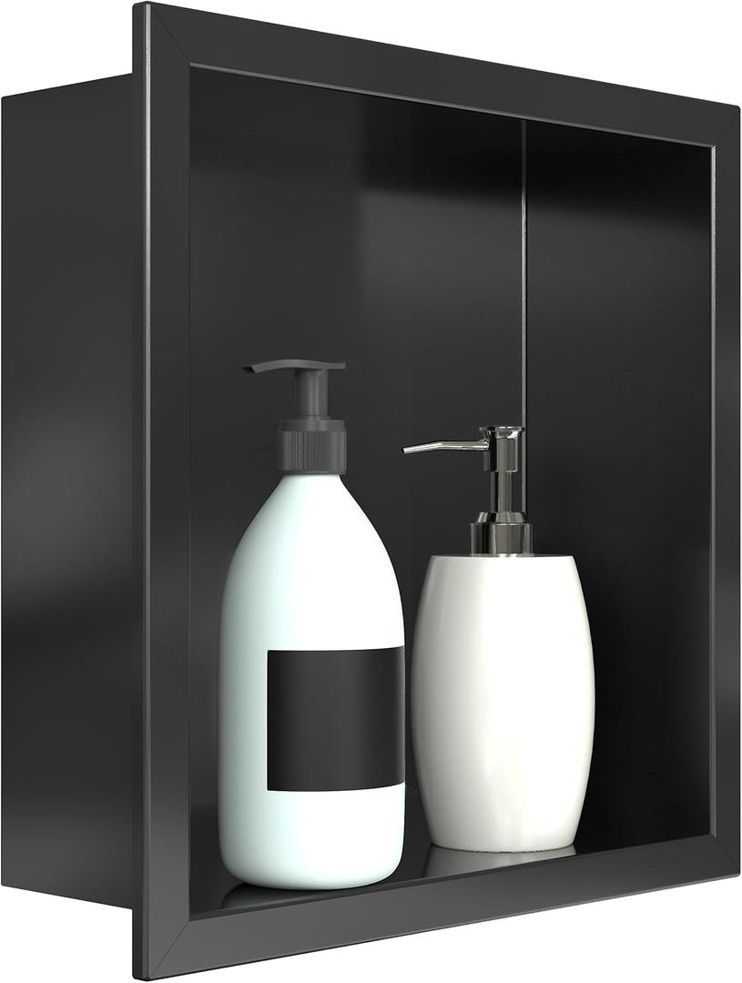 12"x12" Shower Niche Matte black stainless steel waterproof recessed wall mounted Insert Storage Shower caddy with a 10.5"x10.5" inside storage usage, no tile needed