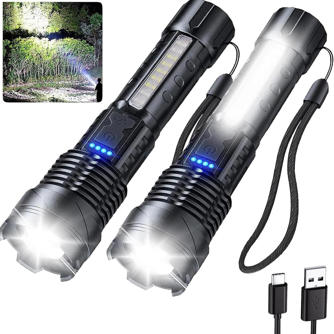 Flashlights High Lumens Rechargeable 2 Packs, 90,000L High Lumens Led Tactical Flashlight Battery Powered with 7 Light Modes, Cob Side Light, USB C, Waterproof, Zoomable, Powerful Handheld Flash Light