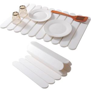 White Stone Dish Drying Mats for Kitchen Counter, Large Quick Dry Collapsible Eco-Friendly Super Absorbent Diatomaceous Earth Heat-resistant Mat for Dishes Bottles Cups, Match Any Countertop 16"×12"