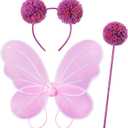 Haysandy 3 Pcs Halloween Pink and Purple Costume, Dress up Party Supplies for Kids, Fairy Butterfly Wings with Pom Headband Bopper Pom Wand, Cosplay Accessories Set Girls, Anime Party Costume Accessories