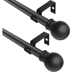 Black Curtain Rods 2 Packs for Windows 36"- 62", Decorative Drapery Rod Adjustable by Splicing, 5/8 inch Small Curtain Rod for Bedroom, Living Room, Kitchen and Outdoors