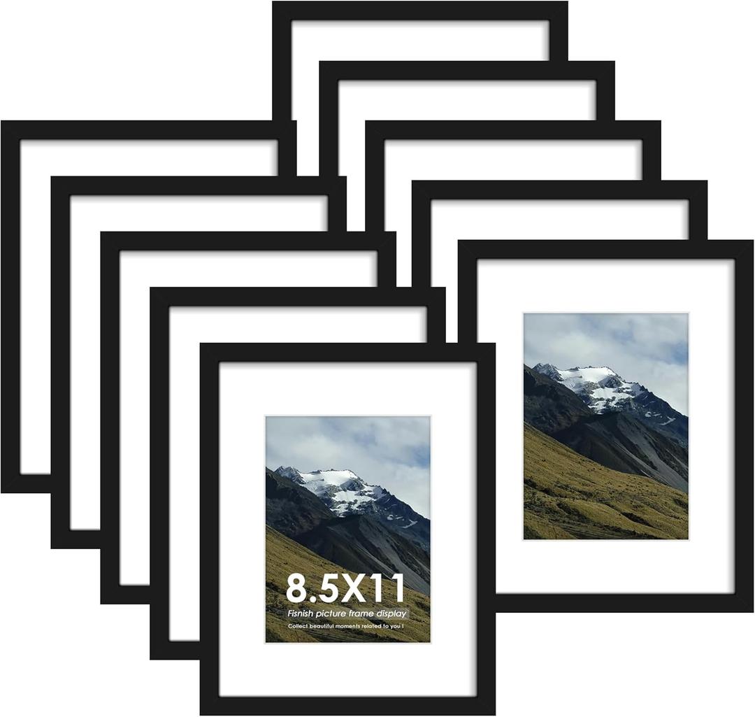 8.5x11 Picture Frame Sef of 10, Display Pictures 6x8 with Mat or 8.5 x 11 Without Mat, Photo Frame Collage for Wall Gallery Decor, Hanging or Tabletop Display, Black