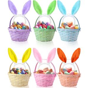 Yerliker 6 Pcs Easter Baskets with Ear Headbands Set Woven Bamboo Baskets with Handle Rustic Round Storage Bulk for Easter Candy Gift Shower Wedding Favor Decor Supplies (Colorful)
