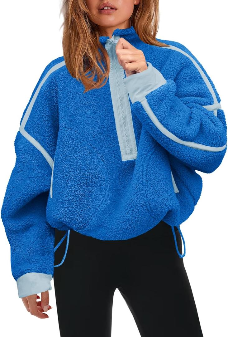 Panadila Womens Half Zip Sherpa Fleece Pullover Soft Oversized Sweatshirt with Pockets Warm Fuzzy Sweater (Small, Bright Blue)