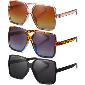 3 Pairs Oversized Square Sunglasses for Women Big Large Wide Vintage Shades for Men Unisex (Black, Mixed Color, Champagne With Brown)
