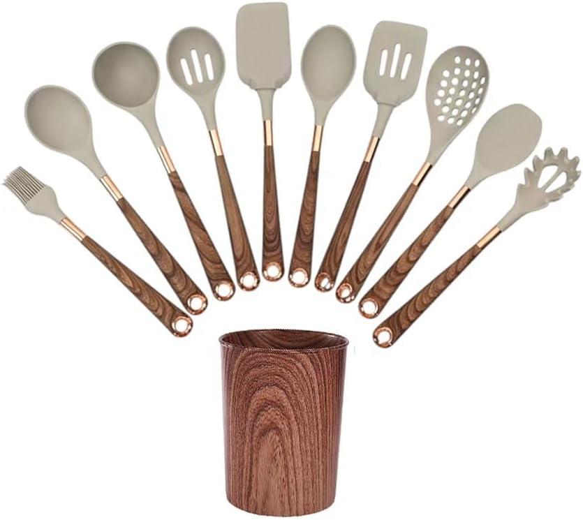 11-Piece Silicone Kitchen Utensil Set with Wooden Handle & Holder Heat-Resistant, Non-Scratch Cooking Tools for Non-Stick Cookware