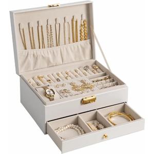 GUOER Jewelry Box for Women Girl Wife - Large PU Leather Jewelry Organizer Storage Case with Two Layers Display for Earrings Bracelets Rings Watches Mother's Day (White)