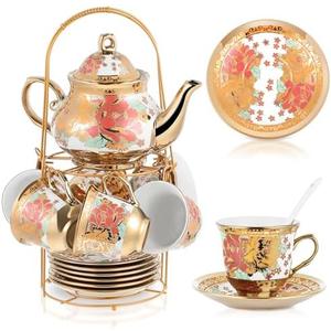 Zhehao 20 Pcs Porcelain Tea Set with Metal Holder and Spoon Adult Ceramic Tea Set European Flower Painting Teapot Cup Saucer Spoon for Women, Large Version(Stylish Style)