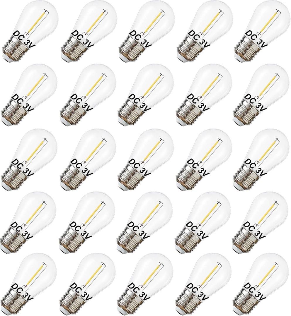 DC 3V Low Voltage, Solar String Light Bulbs, Shatterproof Waterproof S14 LED Bulbs, E26 Medium Base 1W Warm White 2700K 25 Pack.