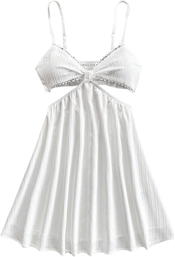 OYOANGLE Women's Cut Out Smocked Sundress Backless Ruffle A Line Cami Dress Flowy Mini Dress White Medium