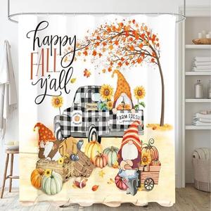 BIVINAR Fall Gnome Shower Curtain, Autumn Pumpkin Sunflowers, Thanksgiving Harvest Farm Maple Leaves Fabric Bathroom Shower Curtain 72x72 Inch