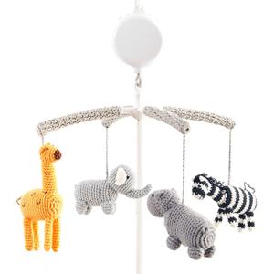 Joliecraft Woodland Safari Musical Baby Crib Mobile, Handmade Nursery Mobile Decor in White and Gray (Elephant/Giraffe/Zebra/Hippo)