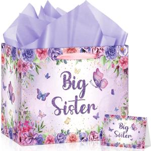 Big Sister Gift Bag for Girls, Butterfly Big Sister Gift Bag with Tissue Paper and Greeting Card Purple Flower Butterfly Wrapping Paper Bags New Sister Party Decor for Little Girl Birthday Party Supplies