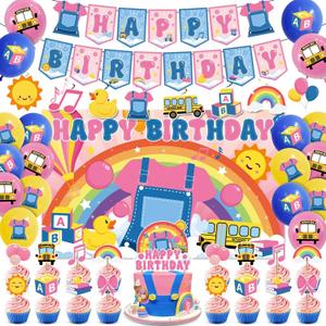 45 Pcs English Teacher Birthday Decorations, Pre-Assembled Cartoon Teacher Birthday Party Decorations for Fans, Includes Banner, Hanging Swirls, Backdrop, Balloons & Cake Topper